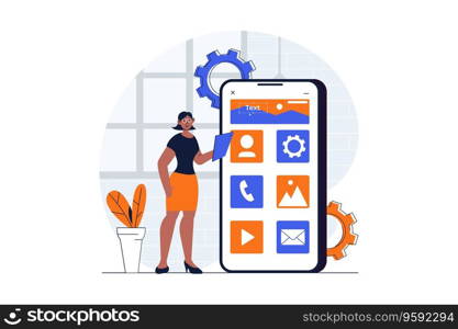 UI UX development web concept with character scene. Woman making wireframe template for mobile applications. People situation in flat design. Vector illustration for social media marketing material.