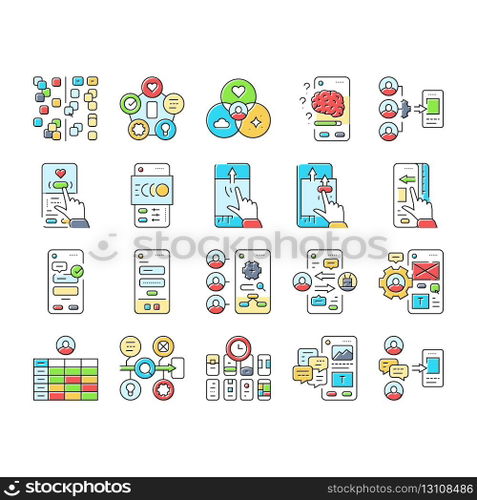 ui ux digital develop code app icons set vector. shop marketing, mobile agency, tool api, website computer, mockup commerce, workflow ui ux digital develop code app color line illustrations. ui ux digital develop code app icons set vector