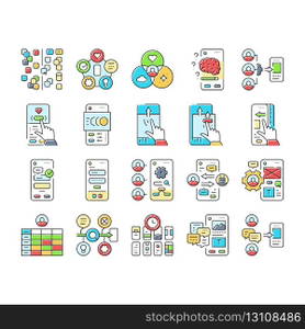 ui ux digital develop code app icons set vector. shop marketing, mobile agency, tool api, website computer, mockup commerce, workflow ui ux digital develop code app color line illustrations. ui ux digital develop code app icons set vector