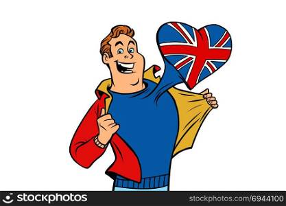 UK patriot man isolated on white background. Comic cartoon style pop art illustration vector retro. UK patriot man isolated on white background