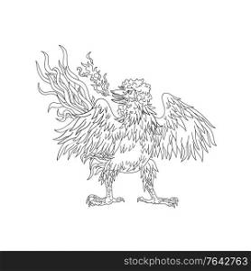 Ukiyo-e or ukiyo style illustration of a basan, basabasa or inuhoo, a fowl-like bird from Japanese mythology and folklore like a rooster wings spread standing viewed from front on isolated background.. Basan Basabasa or Inuhoo Wings Spread Front Ukiyo-E or Ukiyo Black and White Style