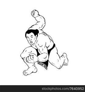 Ukiyo-e or ukiyo style illustration of a professional sumo wrestler or rikishi in fighting stance viewed from front on isolated background done in black and white.. Professional Sumo Wrestler or Rikishi in Fighting Stance Ukiyo-E or Ukiyo Black and White Style