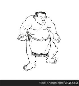 Ukiyo-e or ukiyo style illustration of a professional sumo wrestler or rikishi in fighting stance viewed from front on isolated background done in black and white.. Professional Sumo Wrestler or Rikishi in Fighting Stance Ukiyo-E or Ukiyo Black and White Style