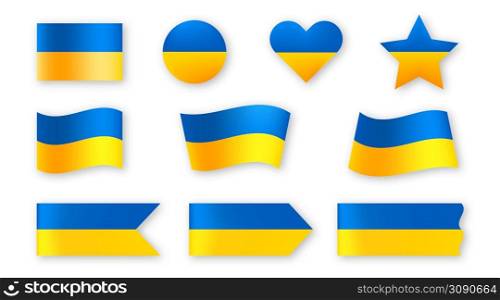 Ukraine flag blue and yellow ribbon set. Ukrainian national emblem waving collection.
