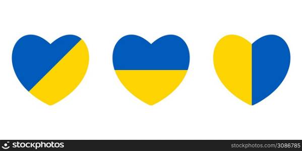 Ukraine flag in shape of heart isolated on white. Save Ukraine concept. Vector Ukrainian symbol, icon, button. Three hearts in different coloring variations in colors of the national Ukrainian flag. Ukraine flag in shape of heart isolated on white. Save Ukraine concept. Vector Ukrainian symbol, icon, button. Three hearts in different coloring variations in colors of the national Ukrainian flag.
