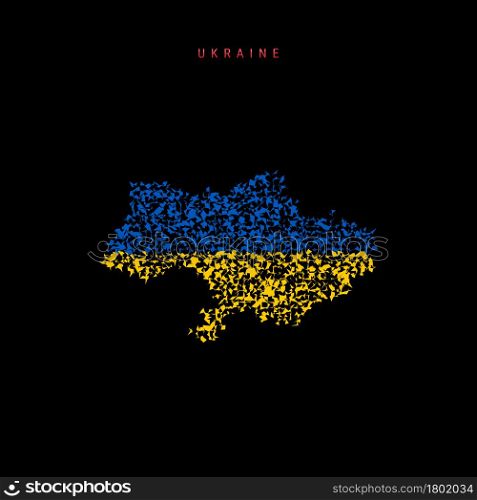 Ukraine flag map, chaotic particles pattern in the colors of the Ukrainian flag. Vector illustration isolated on black background.. Ukraine flag map, chaotic particles pattern in the Ukrainian flag colors. Vector illustration