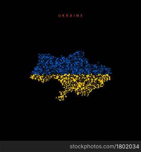 Ukraine flag map, chaotic particles pattern in the colors of the Ukrainian flag. Vector illustration isolated on black background.. Ukraine flag map, chaotic particles pattern in the Ukrainian flag colors. Vector illustration