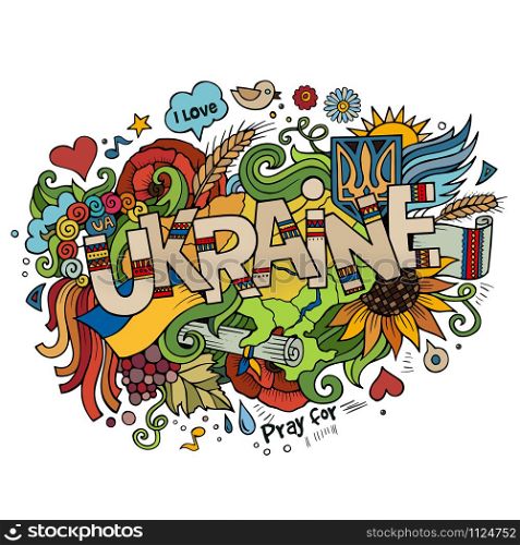 Ukraine hand lettering and doodles elements background. Vector illustration