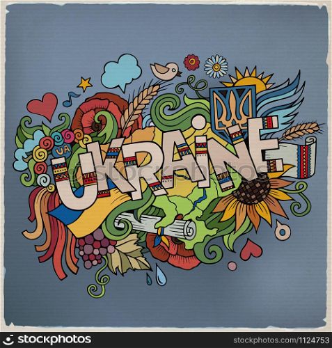 Ukraine hand lettering and doodles elements background. Vector illustration. Ukraine hand lettering and doodles elements background