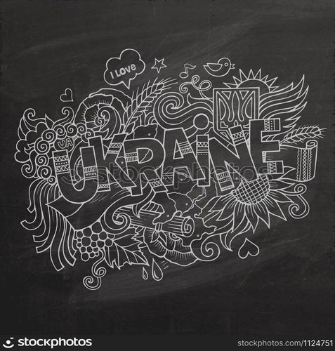 Ukraine hand lettering and doodles elements chalk board background. Vector illustration