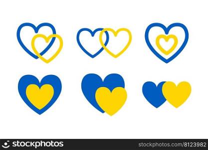 Ukraine hearts vector illustration collection. Stand with Ukraine set. Ukrainian flag blue and yellow colors texture. Love for Ukraine.