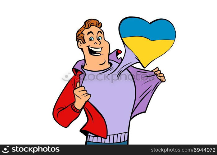 Ukraine patriot man isolated on white background. Comic cartoon style pop art illustration vector retro. Ukraine patriot man isolated on white background