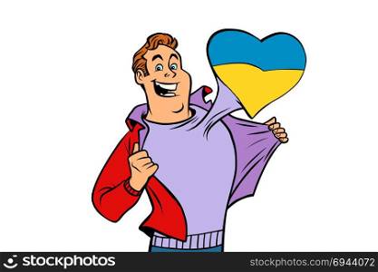 Ukraine patriot man isolated on white background. Comic cartoon style pop art illustration vector retro. Ukraine patriot man isolated on white background
