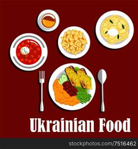 Ukrainian dishes with borscht and sour cream, vegetarian dumplings, fried potato and toasted bread, topped with tomatoes and cheese, fresh vegetable salad, deep fried pastries and tea cup with lemon. National ukrainian cuisine dishes set