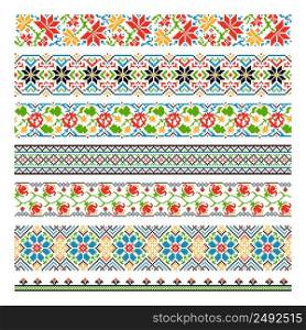 Ukrainian ethnic national border seamless patterns for embroidery stitch. Graphic cross-stitch style, tradition flower decoration pixel. Vector illustration. Ukrainian ethnic national border patterns for embroidery stitch