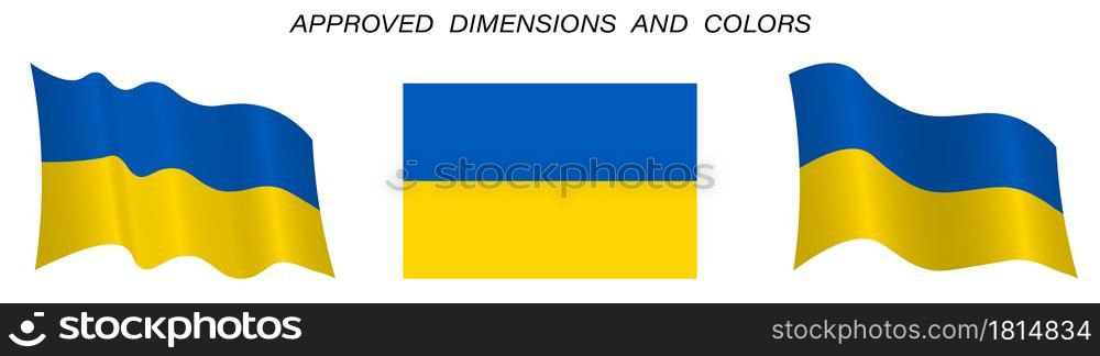 Ukrainian flag in static position and in motion, developing in the wind. Exact sizes and colors on a white background