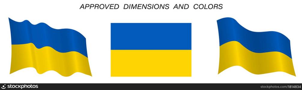 Ukrainian flag in static position and in motion, developing in the wind. Exact sizes and colors on a white background