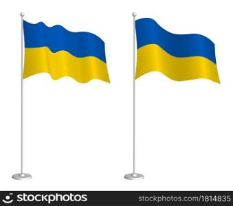 Ukrainian flag on flagpole waving in the wind. Holiday design element. Checkpoint for map symbols. Isolated vector on white background