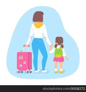Ukrainian refugee concept. Woman with a child walking with suitcase. War migration people illustration in cartoon style. Ukrainian refugee concept. Woman with a child walking with suitcase. War migration people illustration in cartoon style.