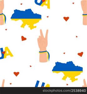 Ukrainian Seamless pattern. Hand gesture, two fingers, victory, Yellow-blue map of Ukraine, colors of Ukrainian flag on white background with hearts. Vector illustration. For design, decor, wallpaper