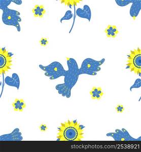 Ukrainian seamless pattern with Yellow-blue bird of luck and sunflower on white background with flowers. Vector illustration in colors of Ukrainian flag for decor, design, packaging, wallpaper