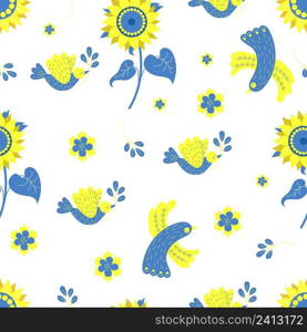 Ukrainian seamless pattern. Yellow-blue birds and sunflower on white background with flowers and dove of peace with branch in its beak. Vector illustration in colors of Ukrainian flag for decor,design