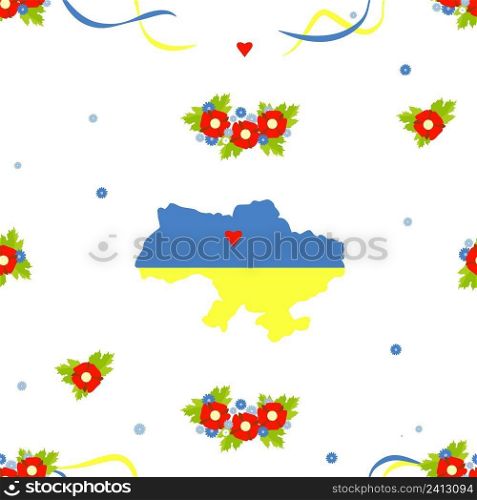 Ukrainian Seamless pattern. Yellow-blue map of Ukraine in colors of Ukrainian flag, floral wreath with red flowers and cornflowers with ribbons on white background. Vector illustration