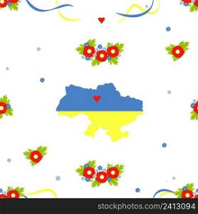 Ukrainian Seamless pattern. Yellow-blue map of Ukraine in colors of Ukrainian flag, floral wreath with red flowers and cornflowers with ribbons on white background. Vector illustration