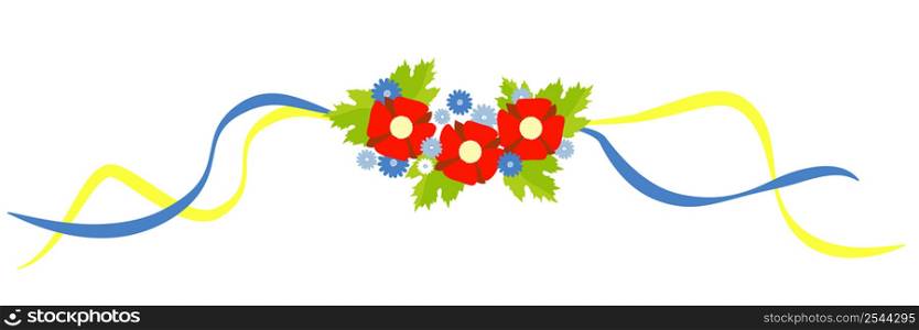 Ukrainian symbol. Traditional floral wreath of red poppies and cornflowers with yellow-blue ribbons. Colors of Ukrainian flag. Vector illustration. concept of design, decor, independence of Ukraine