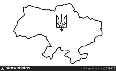 Ukrainian symbols. Contour map of Ukraine and coat of arms of country trident. Vector illustration. Hand drawn linear doodle. For design and decoration of Ukrainian theme
