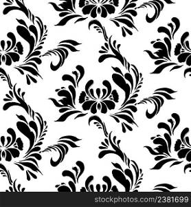 Ukrainian traditional style. Petrykivka ornament art. Hand drawn illustration.. Seamless black pattern with floral background