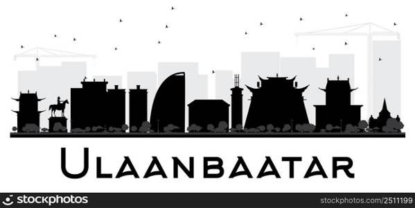 Ulaanbaatar City skyline black and white silhouette. Vector illustration. Simple flat concept for tourism presentation, banner, placard or web site. Business travel concept. Cityscape with landmarks
