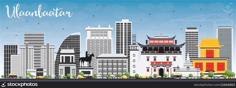 Ulaanbaatar Skyline with Gray Buildings and Blue Sky. Vector Illustration. Business Travel and Tourism Concept with Historic Buildings. Image for Presentation Banner Placard and Web Site.