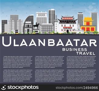 Ulaanbaatar Skyline with Gray Buildings, Blue Sky and Copy Space. Vector Illustration. Business Travel and Tourism Concept with Historic Buildings. Image for Presentation Banner Placard and Web.