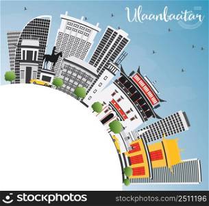 Ulaanbaatar Skyline with Gray Buildings, Blue Sky and Copy Space. Vector Illustration. Business Travel and Tourism Concept with Historic Architecture. Image for Presentation Banner Placard and Web.