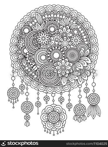 ult coloring page with floral dreamcatcher. Black and white doodle flowers. Bouquet line art vector illustration isolated on white background. Design element. Floral Mandala Pattern
