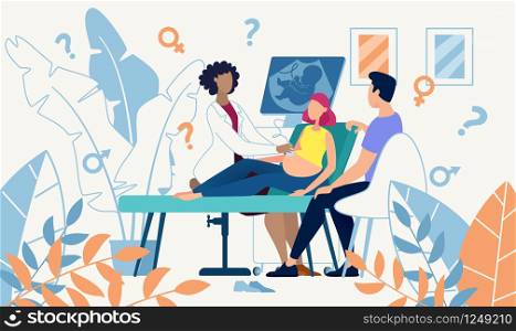 Ultrasound Cabinet Examination of Pregnant Woman Sex Determination Vector Flat Illustration Married Couple Medical Clinic Female Doctor Use Device Scanning Womans Abdomen Embryo Baby Health Diagnostic. Medicine Ultrasound Scan Sex Determination Banner