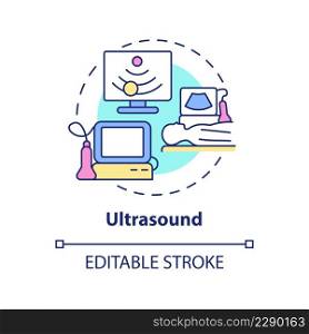 Ultrasound concept icon. Body research technique. Diagnostic imaging abstract idea thin line illustration. Isolated outline drawing. Editable stroke. Arial, Myriad Pro-Bold fonts used. Ultrasound concept icon