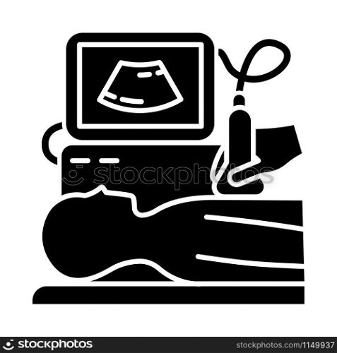 Ultrasound diagnostics glyph icon. Ultrasonography. Medical procedure. Healthcare. Patient chest examination. Disease treatment. Silhouette symbol. Negative space. Vector isolated illustration