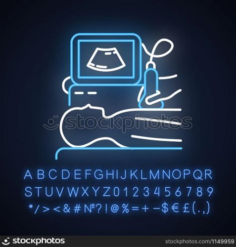 Ultrasound diagnostics neon light icon. Ultrasonography. Medical procedure. Patient chest examination. Disease treatment. Glowing sign with alphabet, numbers and symbols. Vector isolated illustration