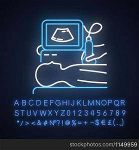Ultrasound diagnostics neon light icon. Ultrasonography. Medical procedure. Patient chest examination. Disease treatment. Glowing sign with alphabet, numbers and symbols. Vector isolated illustration