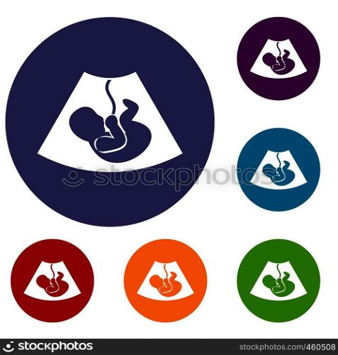 Ultrasound fetus icons set in flat circle reb, blue and green color for web. Ultrasound fetus icons set