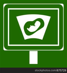 Ultrasound of baby in mother womb icon white isolated on green background. Vector illustration. Ultrasound of baby in mother womb icon green