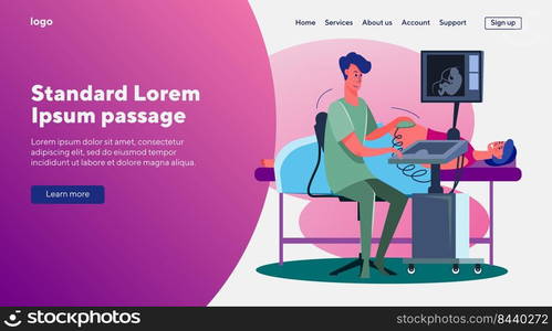 Ultrasound pregnancy screening. Pregnant woman, monitor, doctor. Flat vector illustrations. Expecting, technology, equipment concept for banner, website design or landing web page