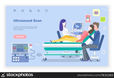 Ultrasound scanning of pregnant woman belly vector, hospital care for lady. Future mother in clinic with hubby, man supporting female wife. Website or webpage template, landing page flat style. Ultrasound Scan Pregnancy Diagnostics Website