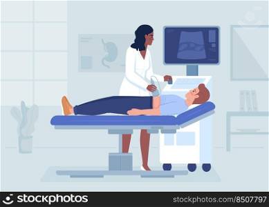 Ultrasound scanning process flat color vector illustration. Inner organs research. Doctor appointment. Medical technology. Fully editable 2D simple cartoon characters with hospital on background. Ultrasound scanning process flat color vector illustration