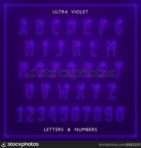 Ultraviolet light Font. Ultraviolet light Font. Set of letters and numbers with neon radiance effect. Vector design elements