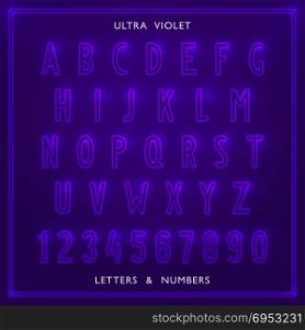 Ultraviolet light Font. Ultraviolet light Font. Set of letters and numbers with neon radiance effect. Vector design elements