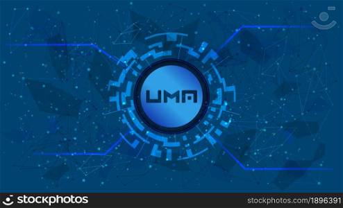 UMA token symbol of the DeFi project in a digital circle with a cryptocurrency theme on a blue background. Cryptocurrency icon. Decentralized finance programs. Copy space. Vector EPS10.