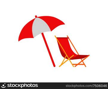 Umbrella and deck chair isolated icons set vector. Lounge sunlounger and parasol, umbel making shadow. Gingham protection from day sunlight, at beach. Umbrella and Deck Chair Set Vector Illustration